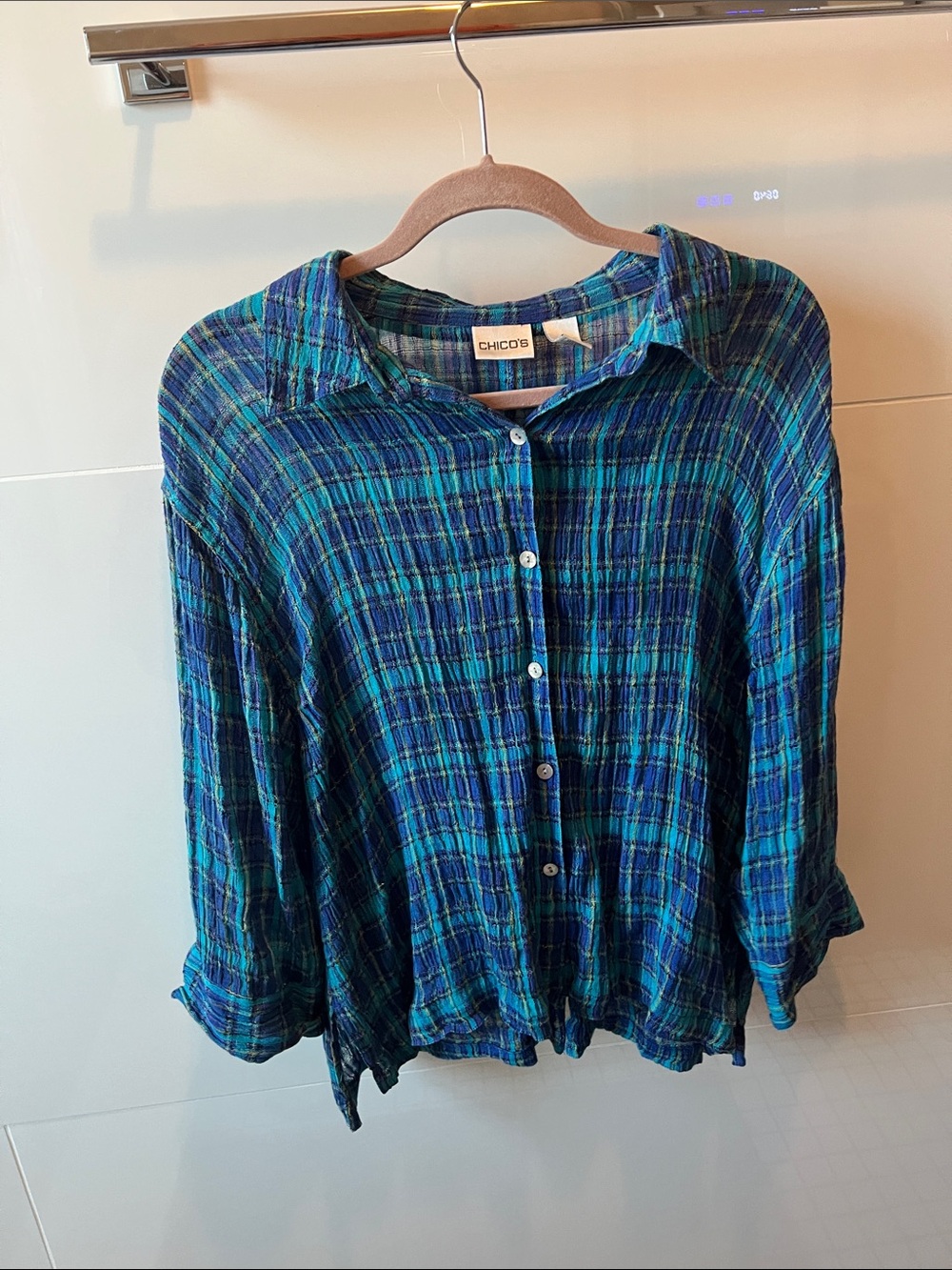 Chico’s size 3 blue, purple, turquoise, yellow gauze, shirt/jacket